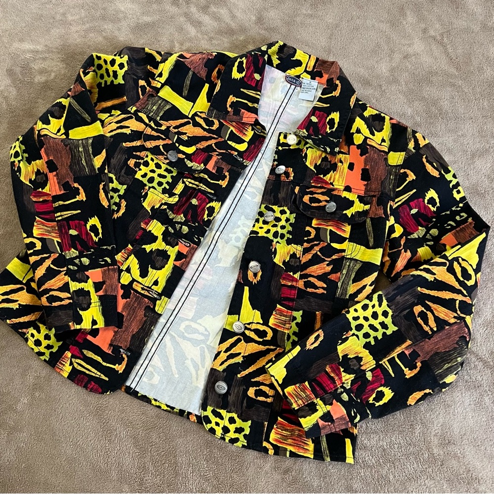 Zana Di | Rare! Y2K Cropped Denim Jacket Abstract African Animal Print Vintage 6